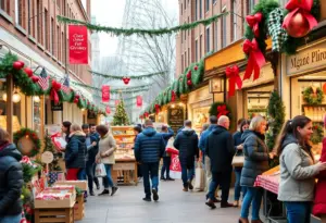 A bustling holiday market scene in Louisville filled with shoppers and local small businesses.