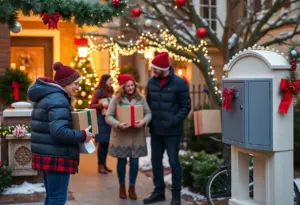 Secure holiday package delivery with lockboxes and neighbors exchanging packages.
