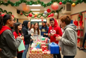 UofL football players engaging with students at a holiday pop-up shop.