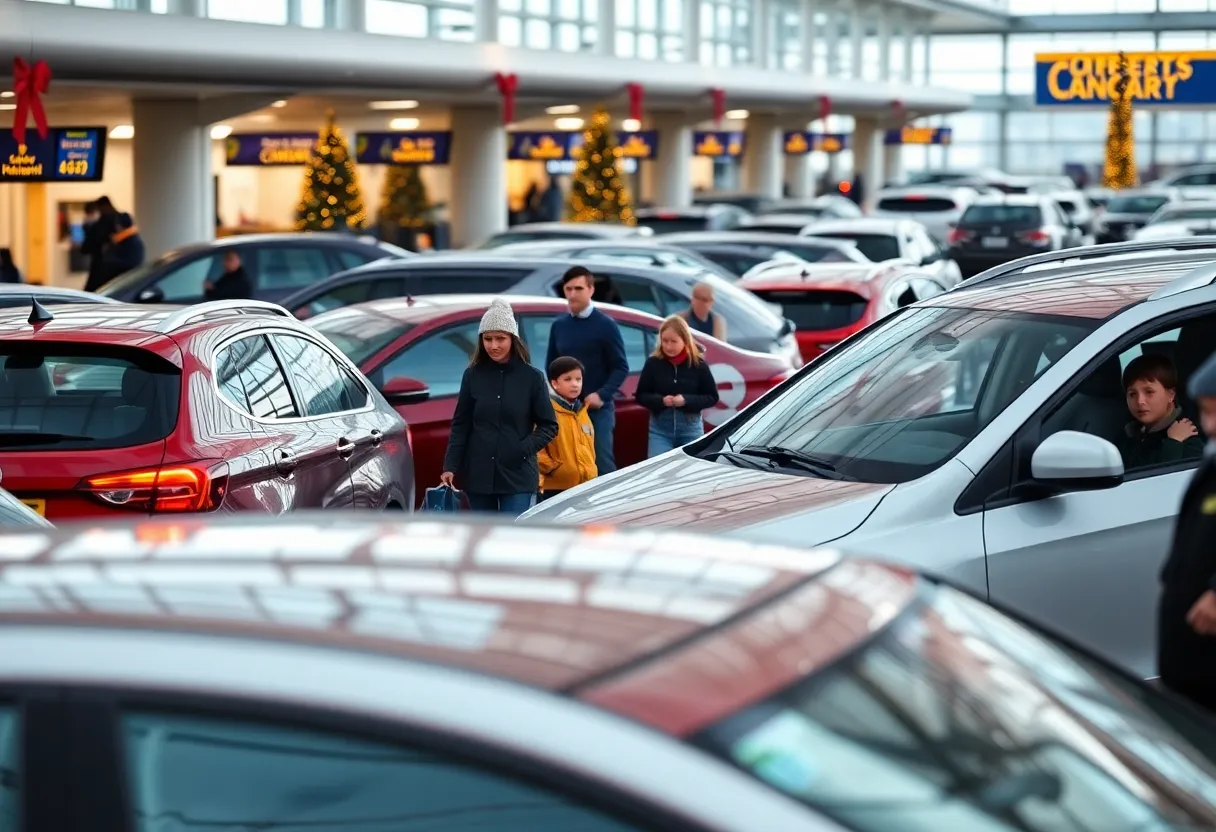 Families renting cars at an airport during the busy holiday season