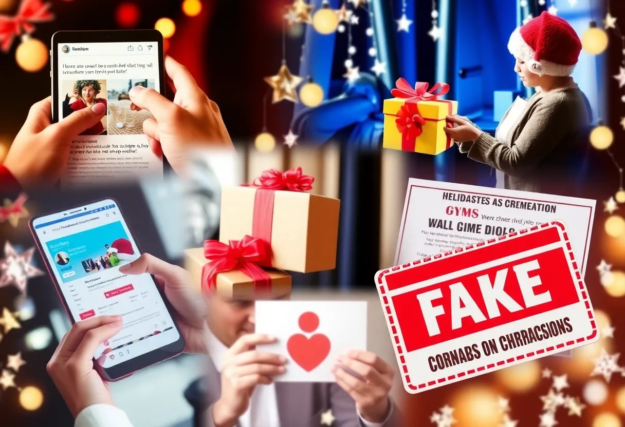 A warning about holiday scams featuring social media ads, fake gifts, and charity fraud.