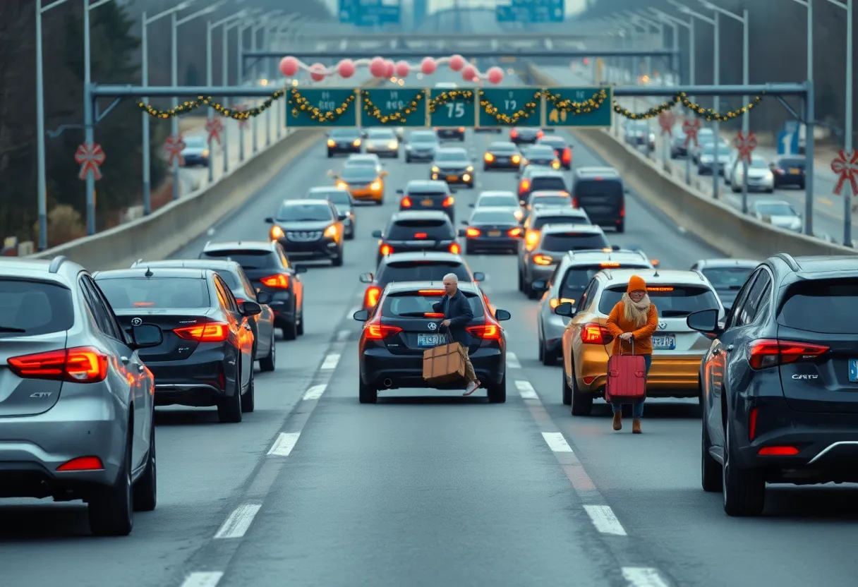 Holiday highway travel scene with cars and festive decorations