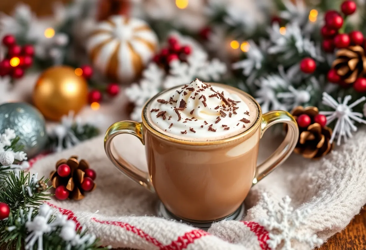 A warm cup of hot chocolate with festive decorations