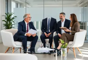 Business professionals in a meeting discussing healthcare financial ratings