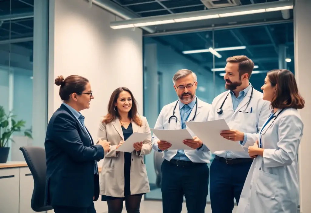 Team discussion in a healthcare office environment