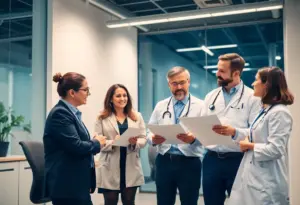 Team discussion in a healthcare office environment