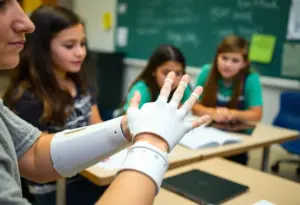 Students showcasing a 3D-printed prosthetic hand in an educational environment