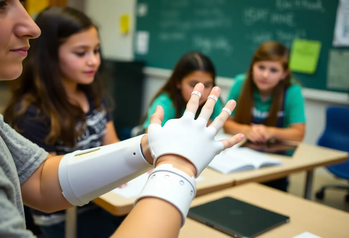 Students showcasing a 3D-printed prosthetic hand in an educational environment