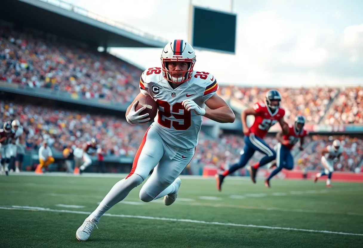 Football player running with ball during a game