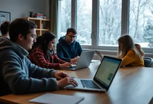 Students engaged in remote learning from home during snowstorm