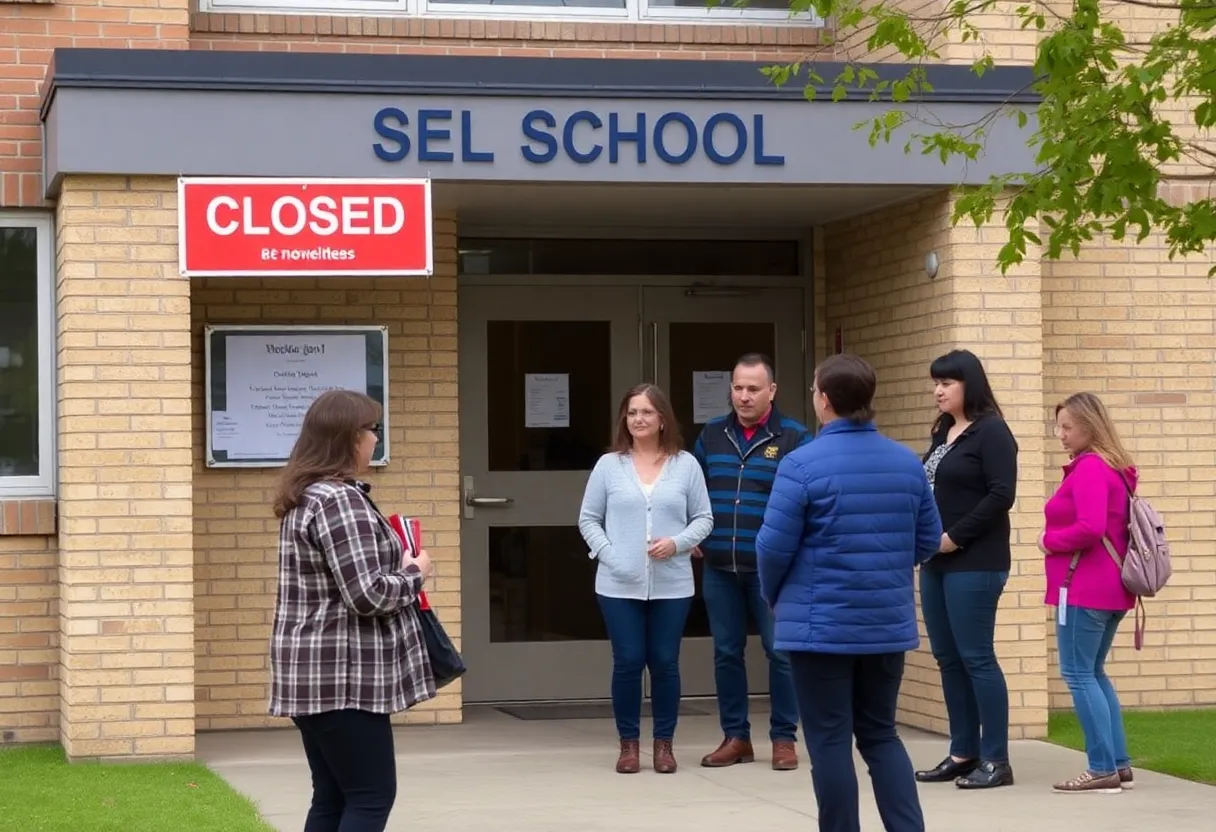 Parents discussing the JCPS school closure proposal outside a school building.