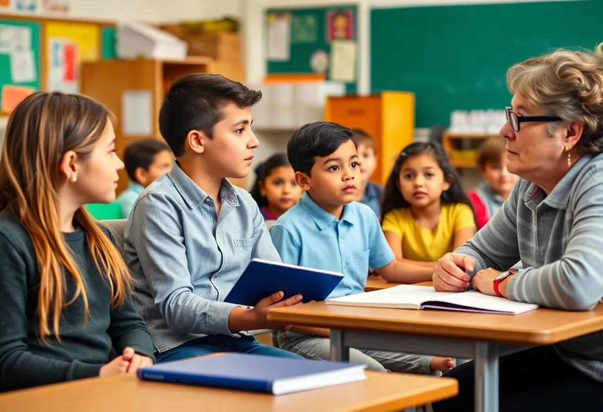 Parents and students engaging in a discussion at a JCPS school meeting