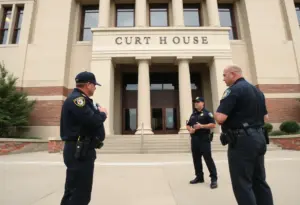 Law enforcement officers at Jefferson County Courthouse discussing safety measures