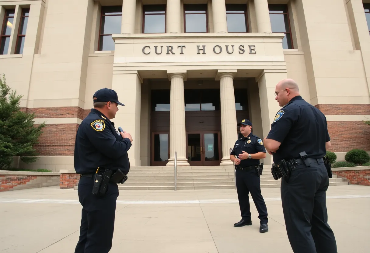 Law enforcement officers at Jefferson County Courthouse discussing safety measures