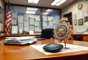 A desk in a law enforcement office with paperwork indicating misconduct