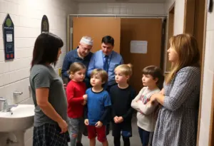 A representation of a school bathroom discussion over safety incident