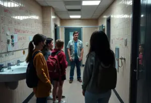 Confrontation in a high school restroom over safety policies