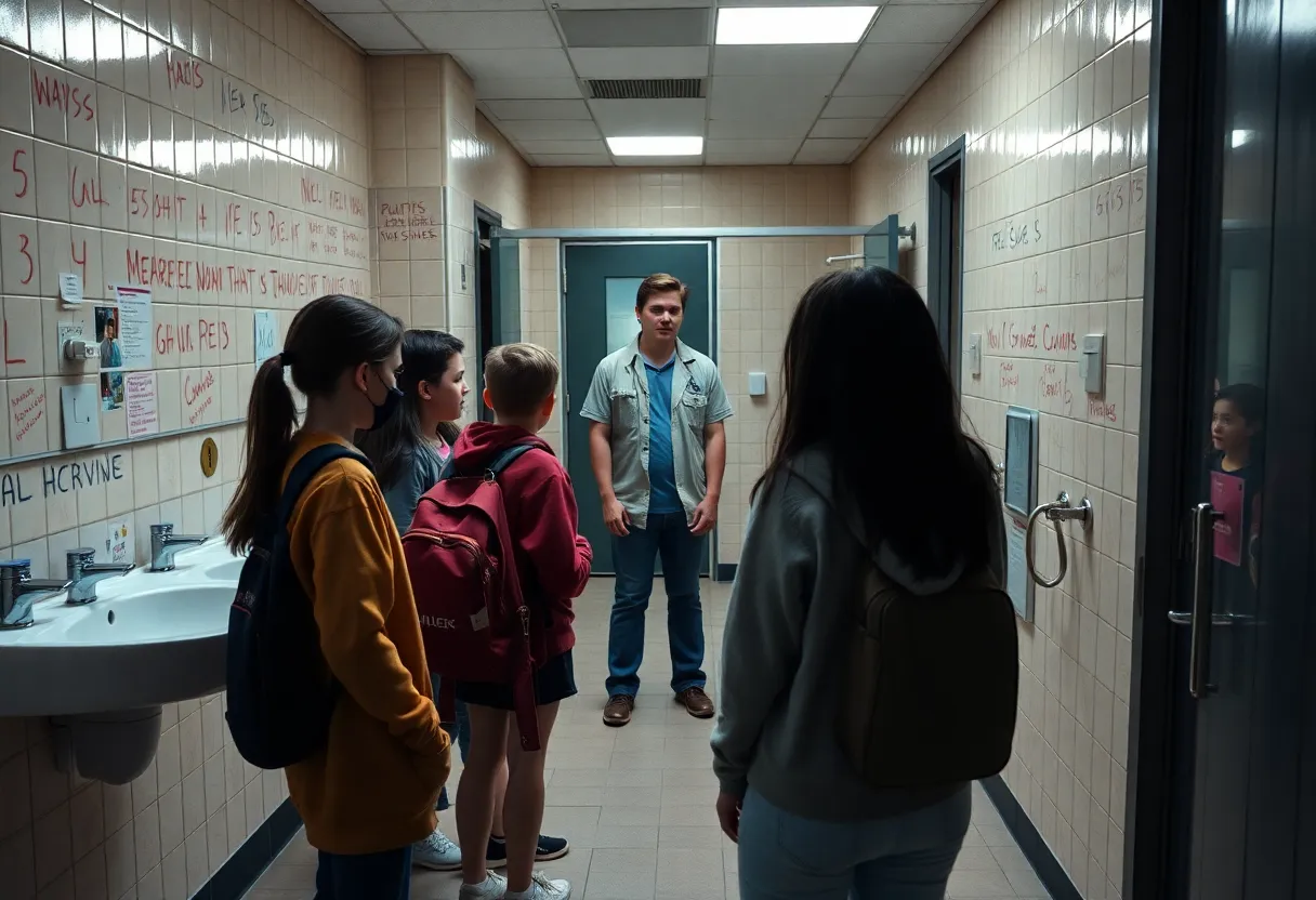 Confrontation in a high school restroom over safety policies