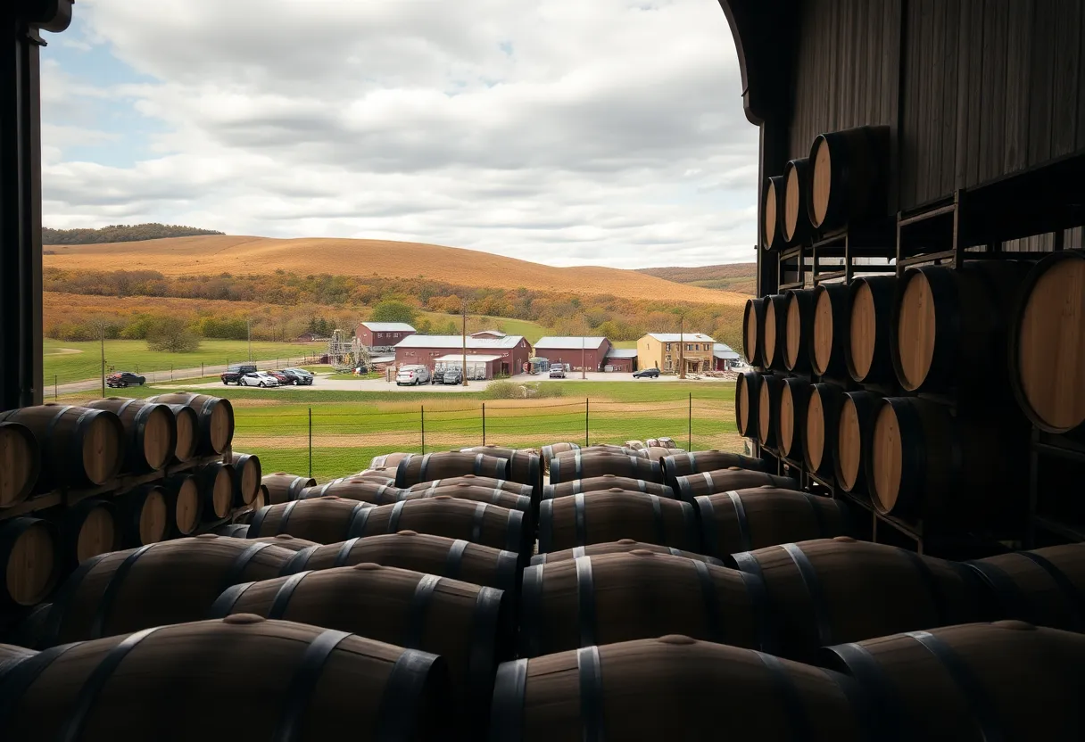 Bourbon distillery with wooden barrels in Kentucky
