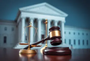 Symbolic representation of the judicial system with scales and gavel.