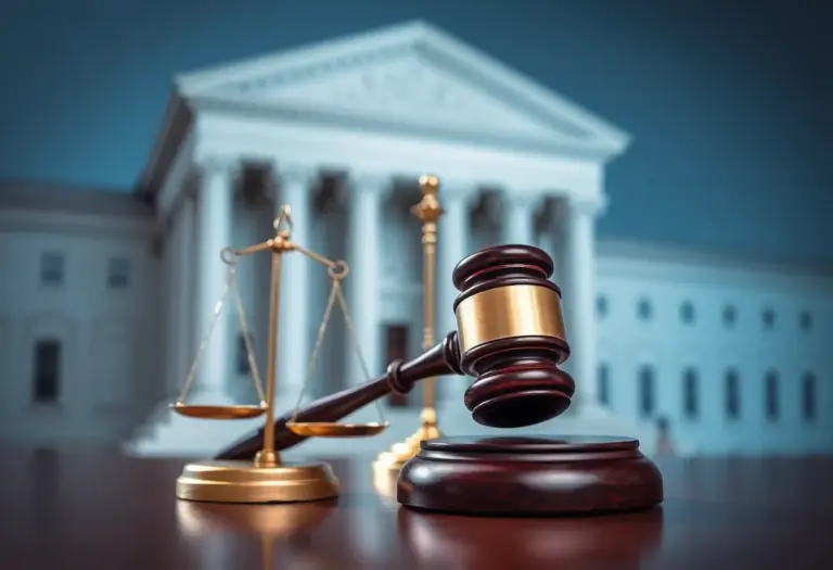 Symbolic representation of the judicial system with scales and gavel.