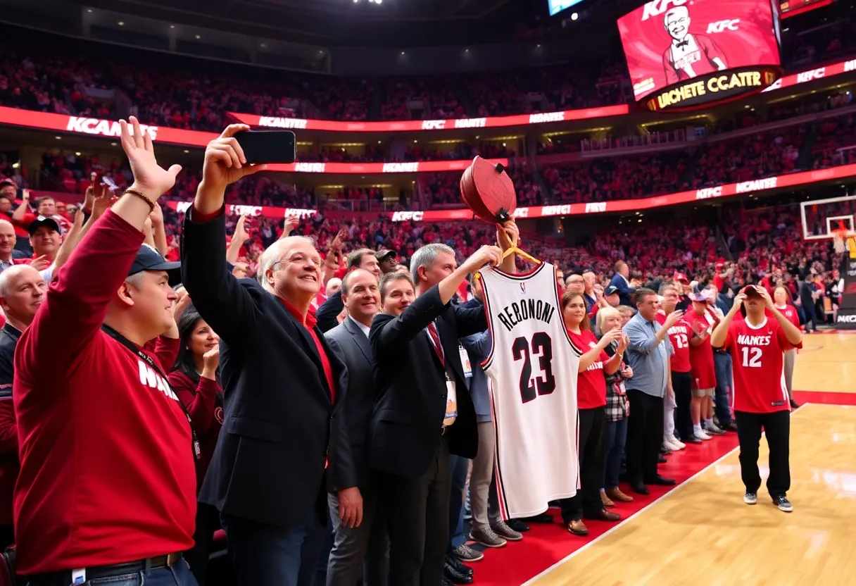 Fans at KFC Yum! Center celebrating Junior Bridgeman's jersey retirement during a Louisville basketball game.