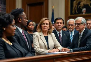 Diverse lawmakers discussing police reform legislation in a legislative setting.