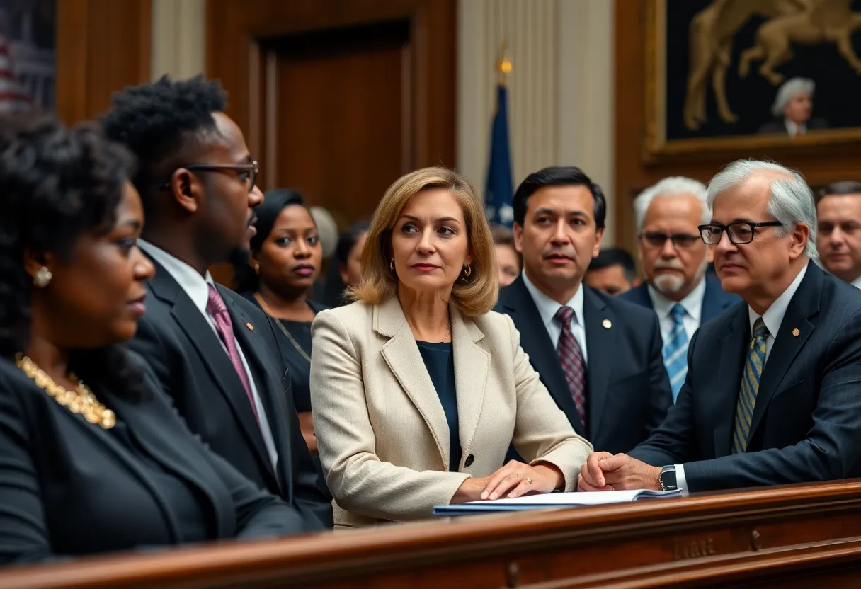 Diverse lawmakers discussing police reform legislation in a legislative setting.