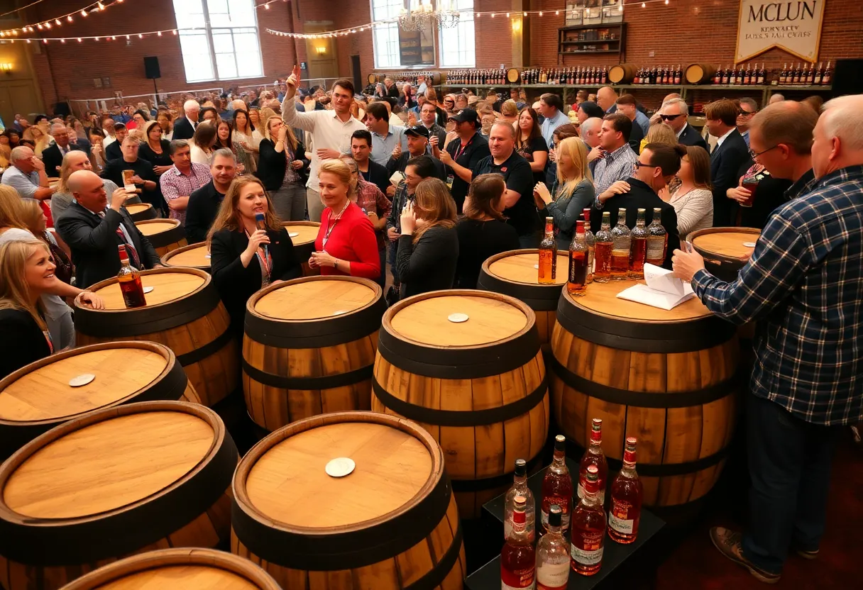 Crowd at the Kentucky Bourbon Auction surrounded by bourbon bottles and barrels