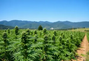 Cannabis farm in Kentucky with mountains and bright sky.