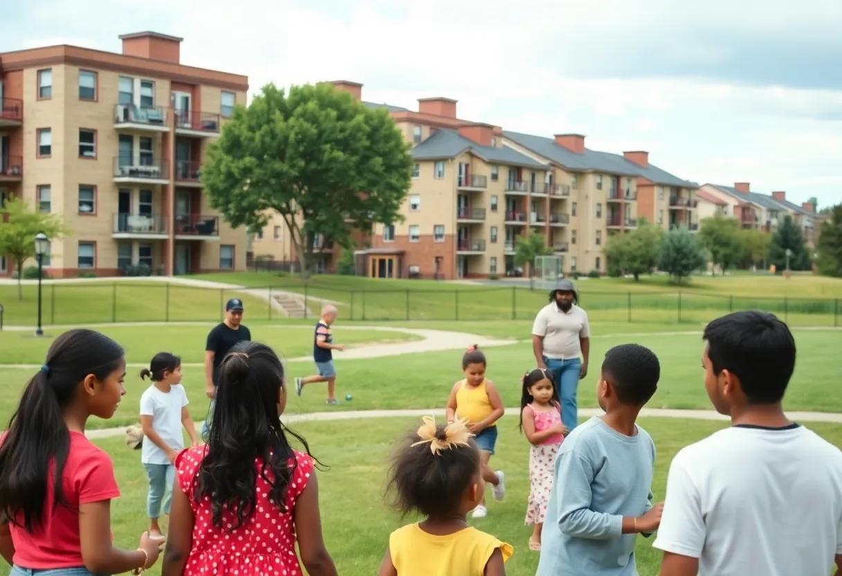 Families engaging in a community park in Kentucky, illustrating child care and housing challenges.
