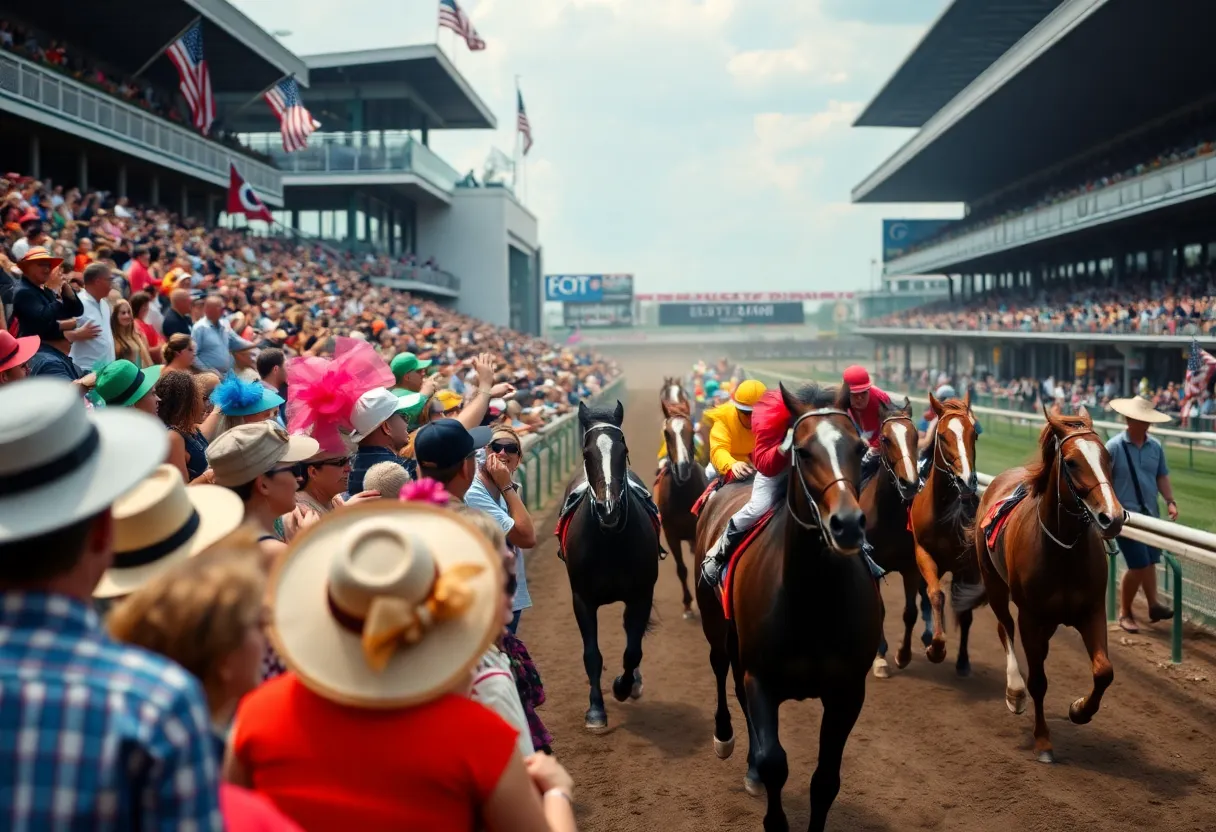 Crowd cheering at the Kentucky Derby with horses racing at Churchill Downs