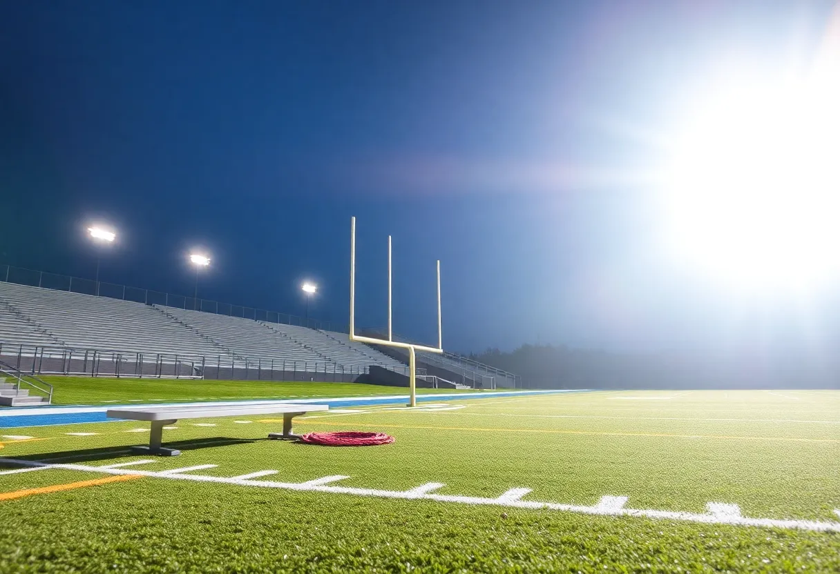 Empty football field at night with stadium lights