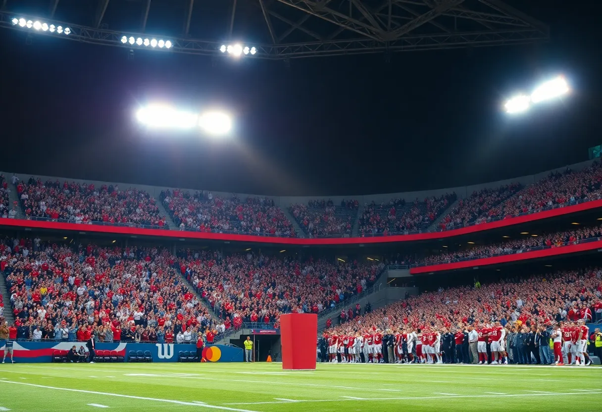 Empty coach's podium in a vibrant football stadium
