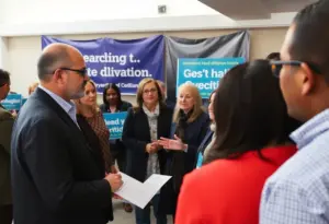 Community gathering discussing Kentucky Senate election.