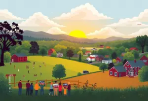 Artwork depicting the Kentucky landscape with symbols of democracy and voting.