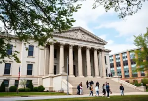 Illustration of a courthouse symbolizing the Kentucky Supreme Court ruling on local school governance.