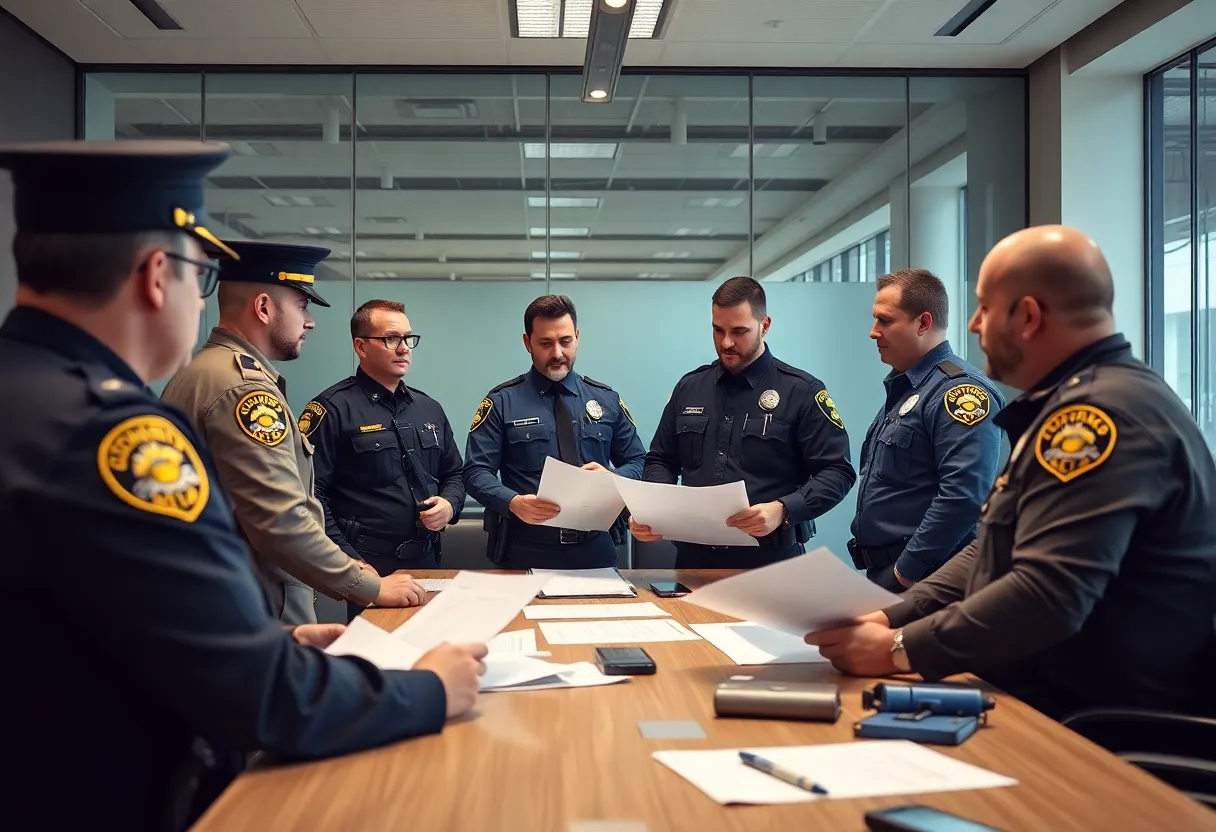 Law enforcement officers planning a strategy to combat organized retail theft.