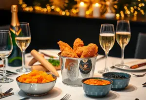 Fried chicken bucket with caviar and sparkling wine on a festive table for New Year's Eve.
