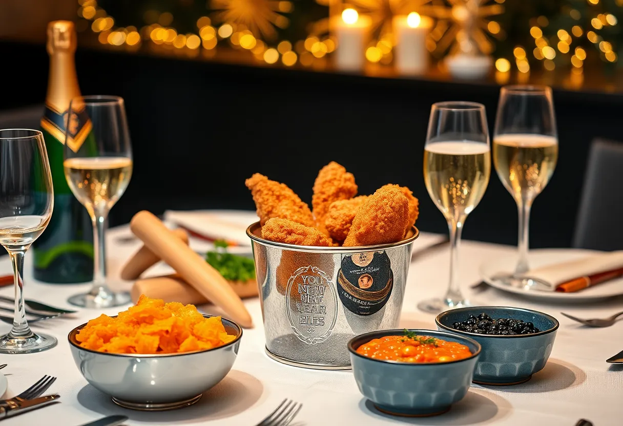 Fried chicken bucket with caviar and sparkling wine on a festive table for New Year's Eve.