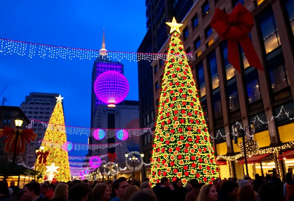 Crowd celebrating at the Light Up Louisville event with holiday lights and decorations.