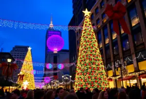 Crowd celebrating at the Light Up Louisville event with holiday lights and decorations.