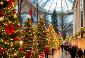 A vibrant display of decorated holiday trees at the Lights on Main exhibition