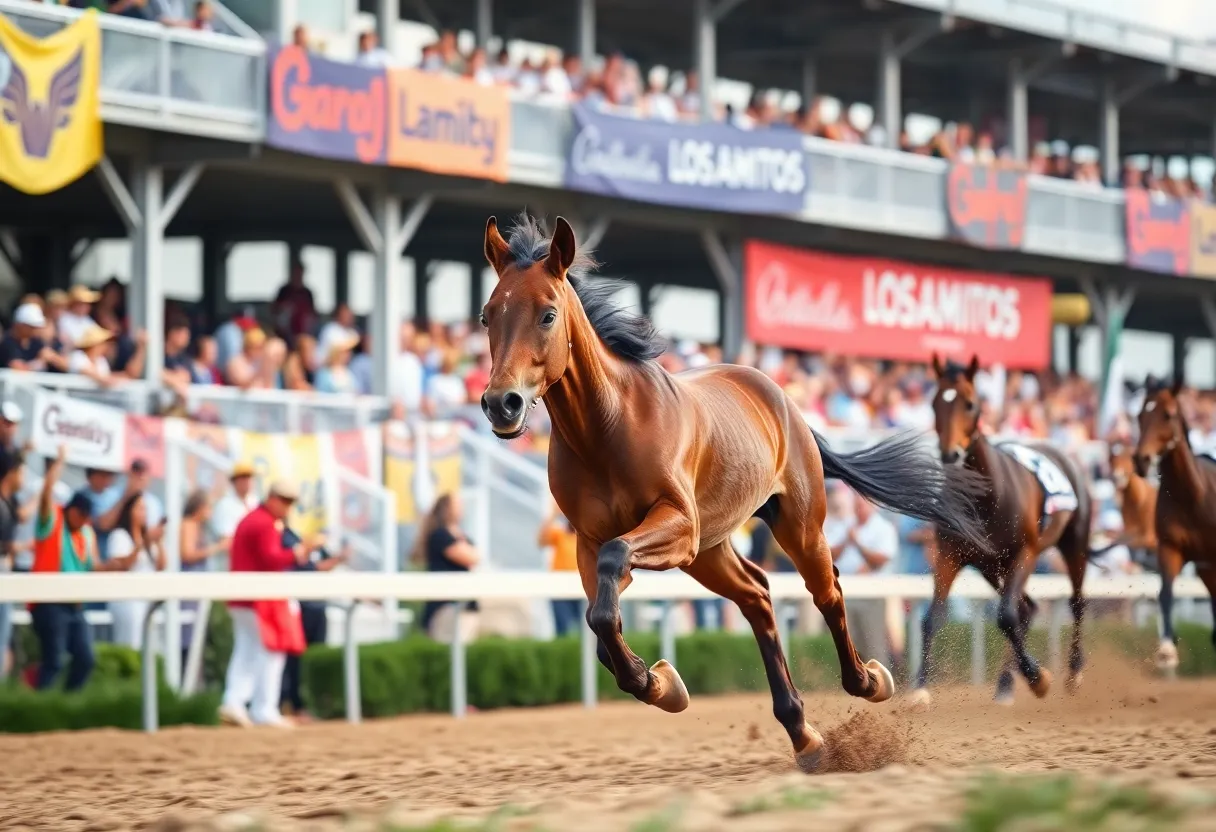 Horse race at Los Alamitos Race Course with a colt leading the pack.
