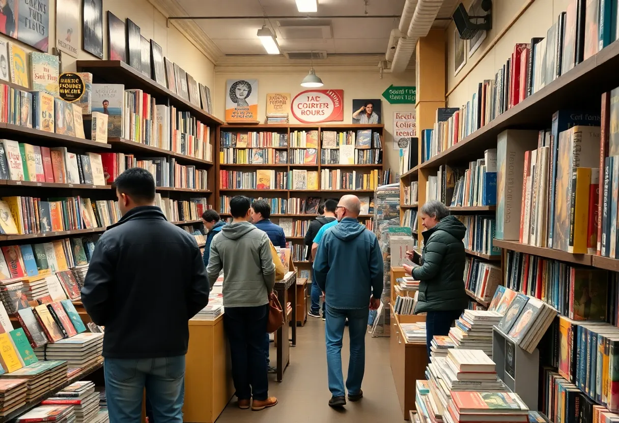 Interior view of a bustling local bookstore in Louisville, featuring shelves of books and customers.