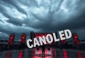 Empty stage at Louder Than Life Festival surrounded by rain and stormy weather