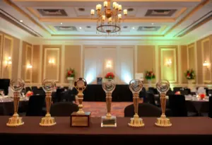 Elegant ballroom decorated for the Louie Awards ceremony
