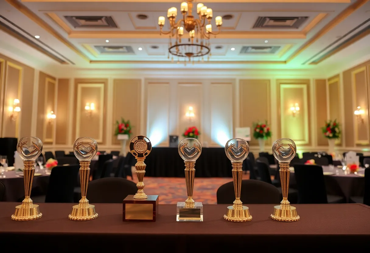 Elegant ballroom decorated for the Louie Awards ceremony
