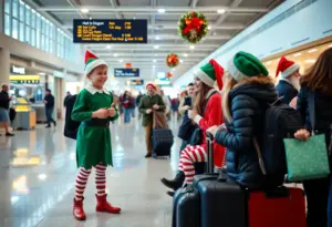 Playful elves entertaining travelers at Louisville Airport during the holiday season.
