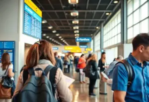 Travelers checking their airline vouchers at Louisville airport